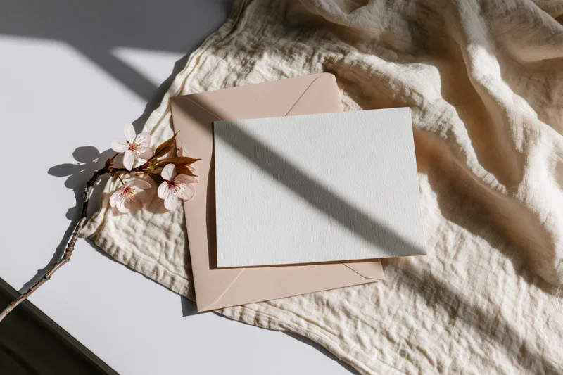 Blank white textured card on blush envelope with cherry blossom branch on crumpled fabric under sunlight