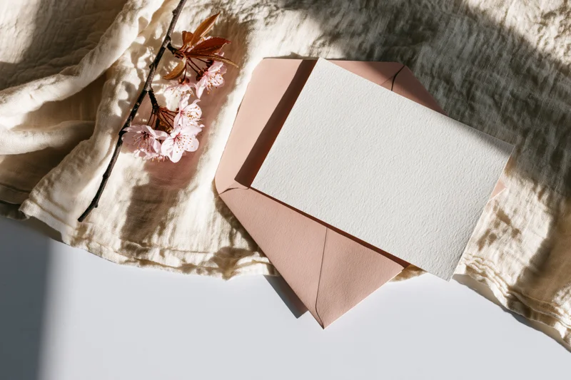 Blank textured card on blush envelope with cherry blossom branch on linen fabric