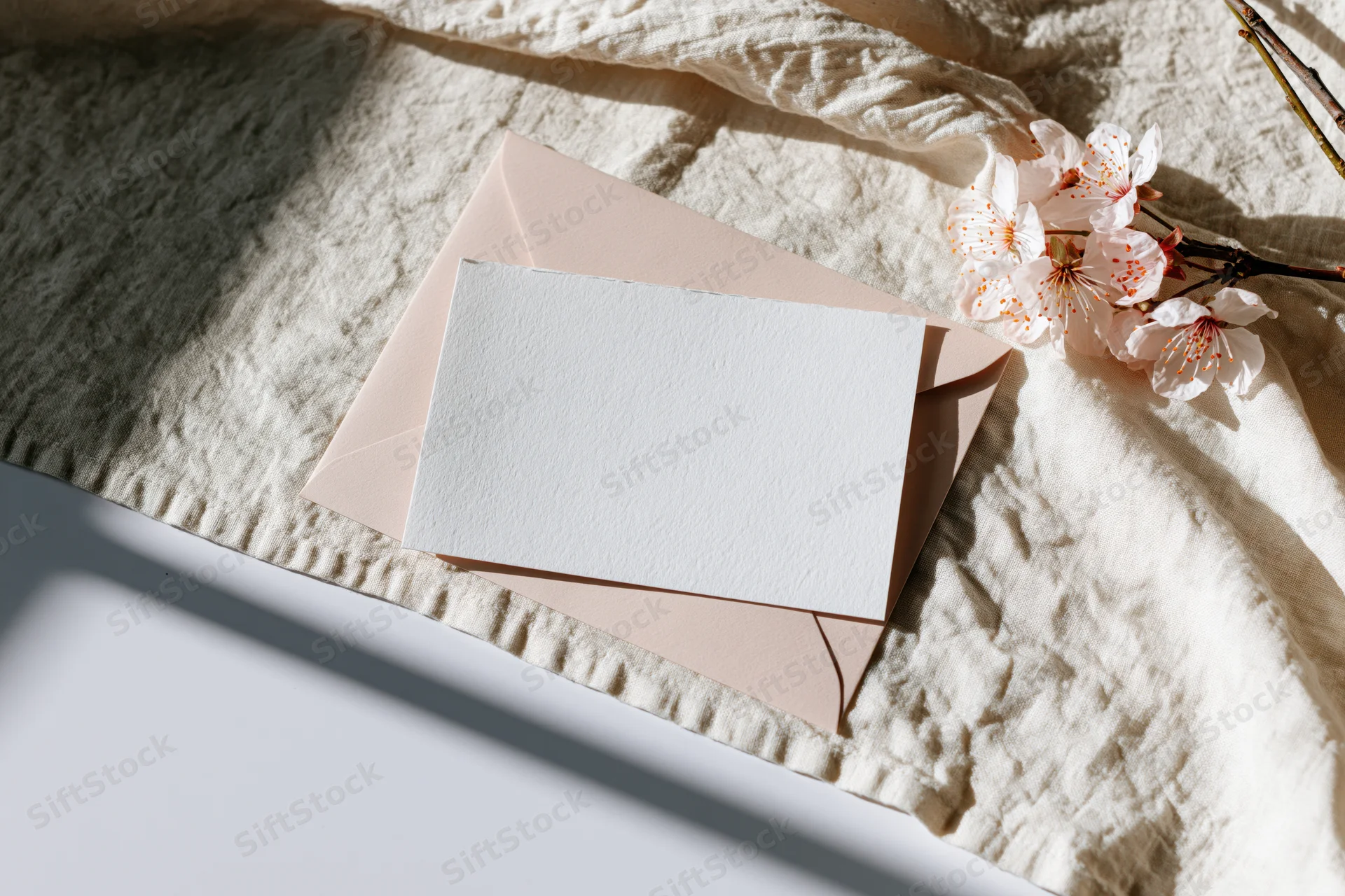 Blank textured card on blush envelope with cherry blossoms on linen fabric