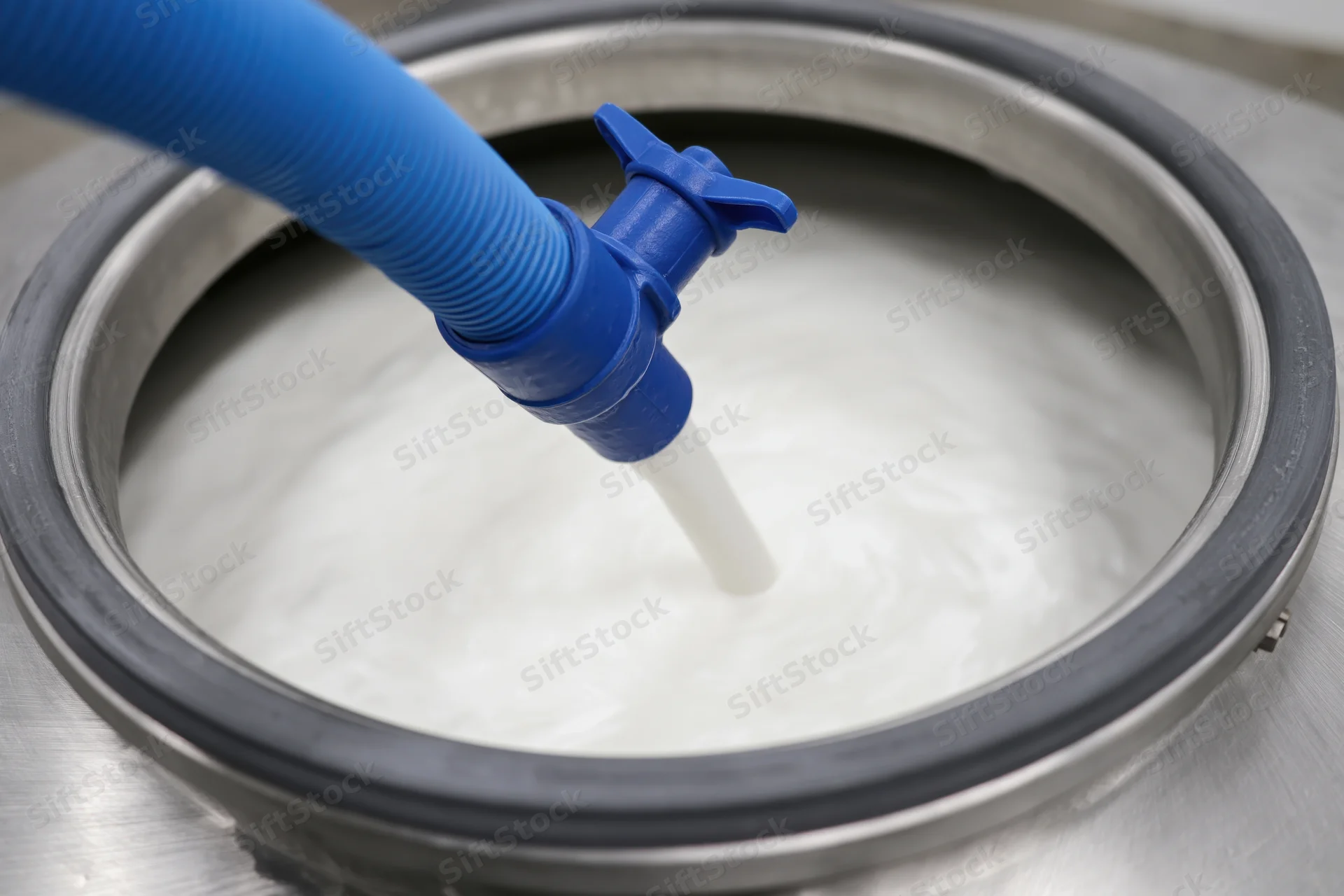 Blue plastic hose pumping milk into open stainless steel tank