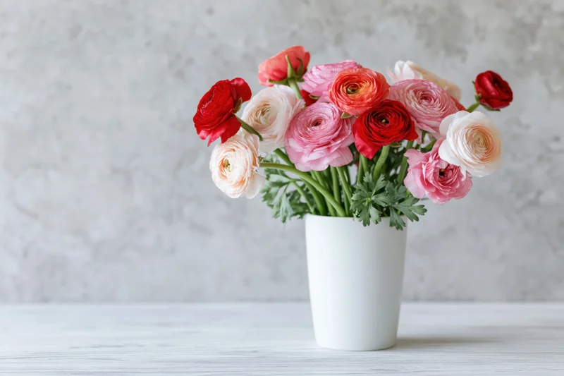 Bouquet of ranunculus flowers in a white ceramic vase on a light wooden table