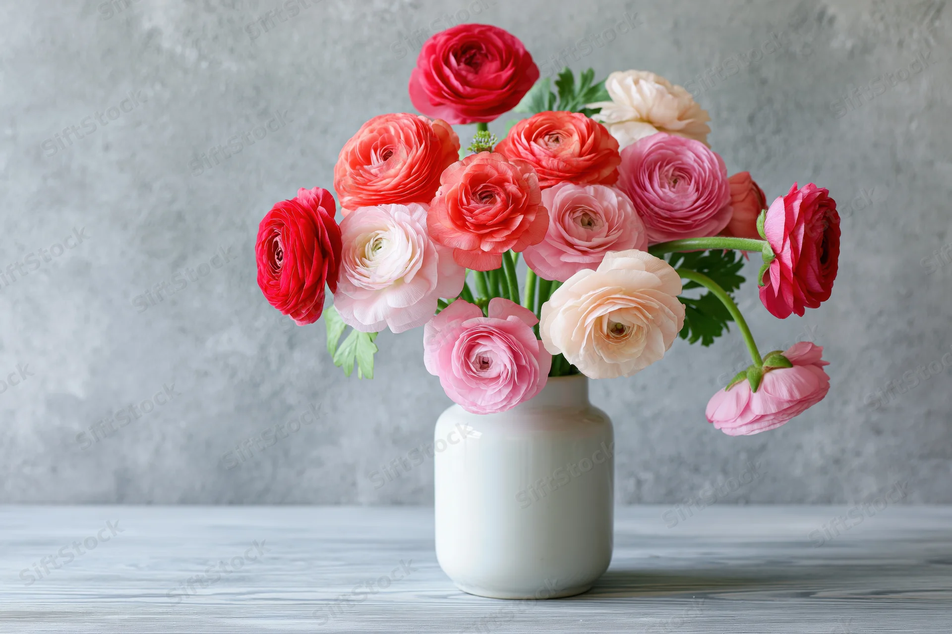 Bouquet of ranunculus flowers in a white ceramic vase on a wooden table against a gray background
