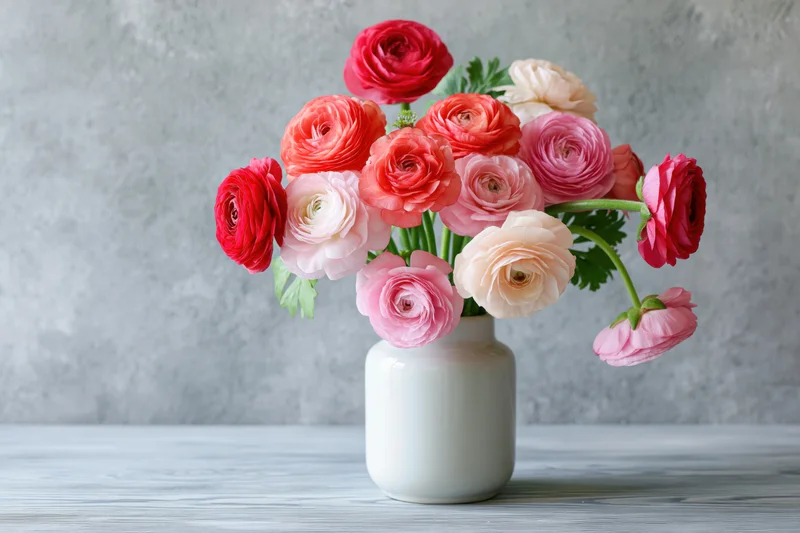 Bouquet of ranunculus flowers in a white ceramic vase on a wooden table against a gray background