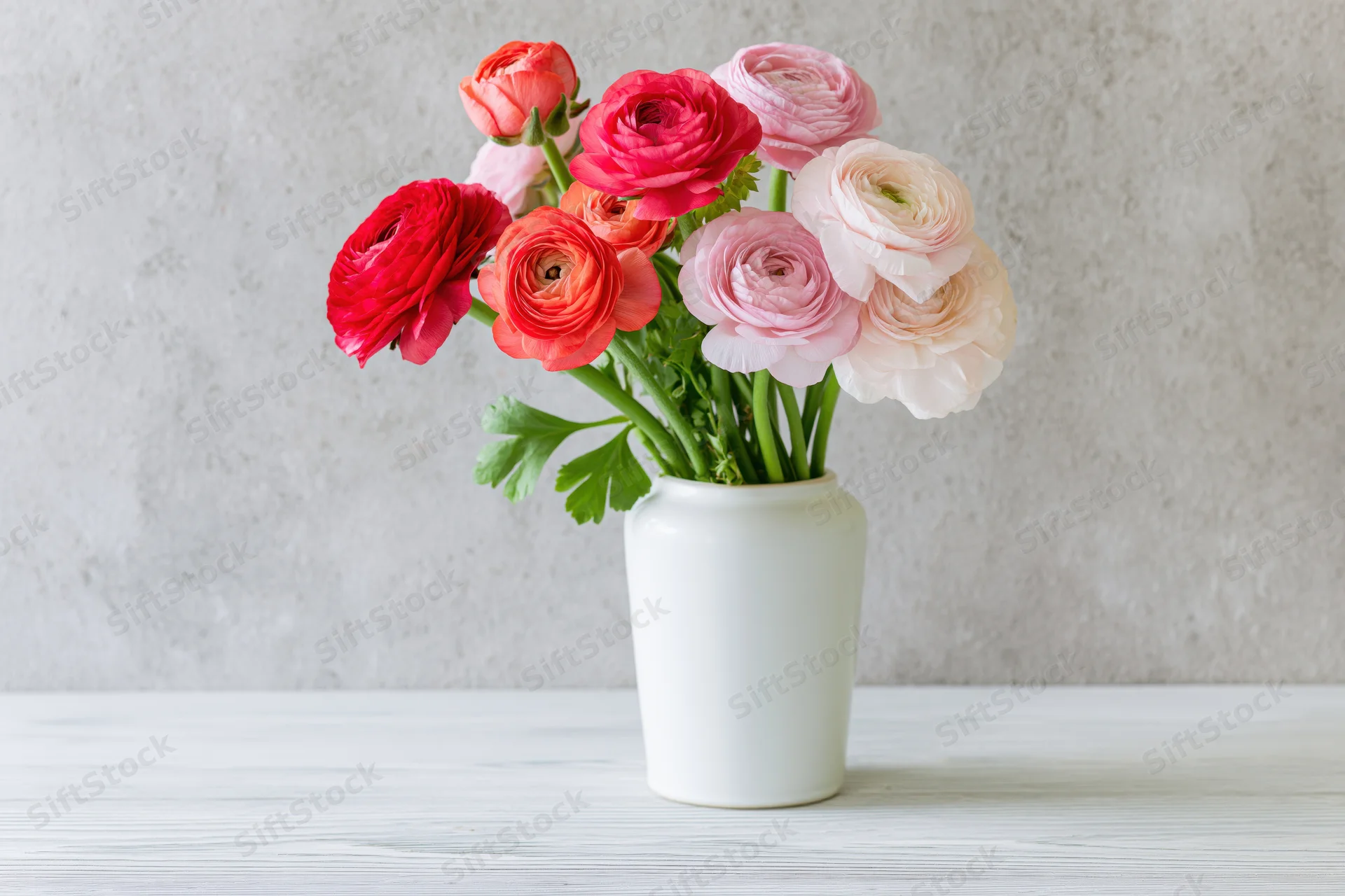 Bouquet of ranunculus flowers in a white ceramic vase on a wooden table