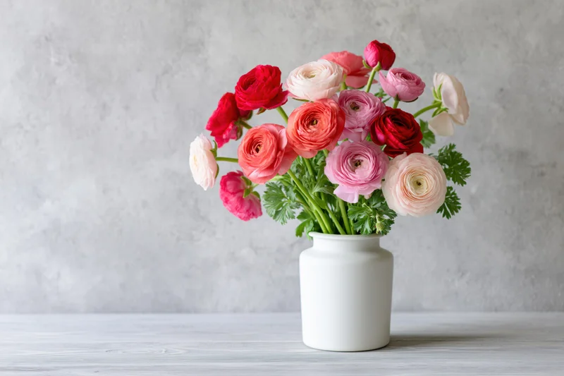 Bouquet of ranunculus flowers in a white ceramic vase on a wooden table against a gray textured wall