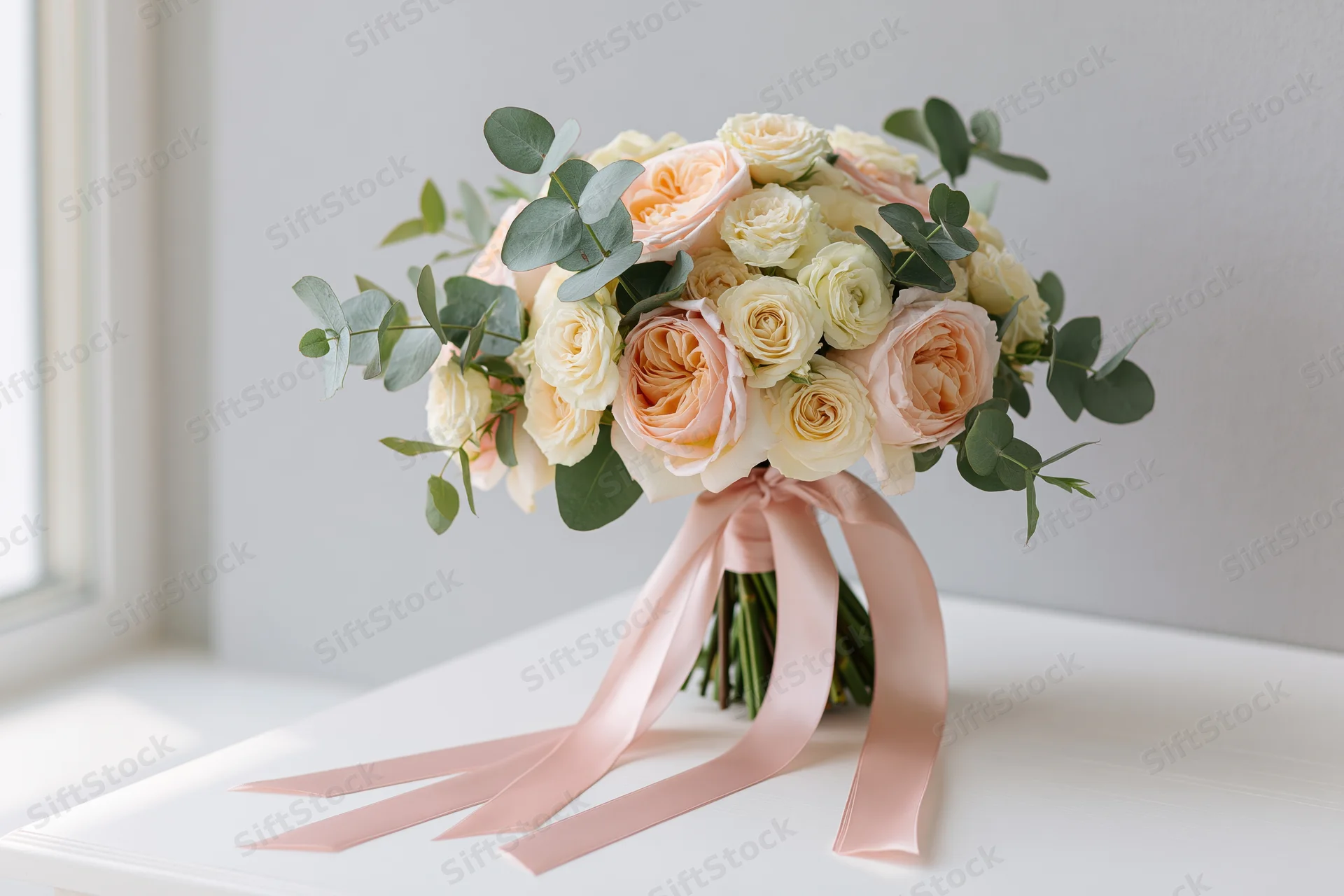 Bridal bouquet of peach and cream roses with eucalyptus and satin ribbon on white table near window