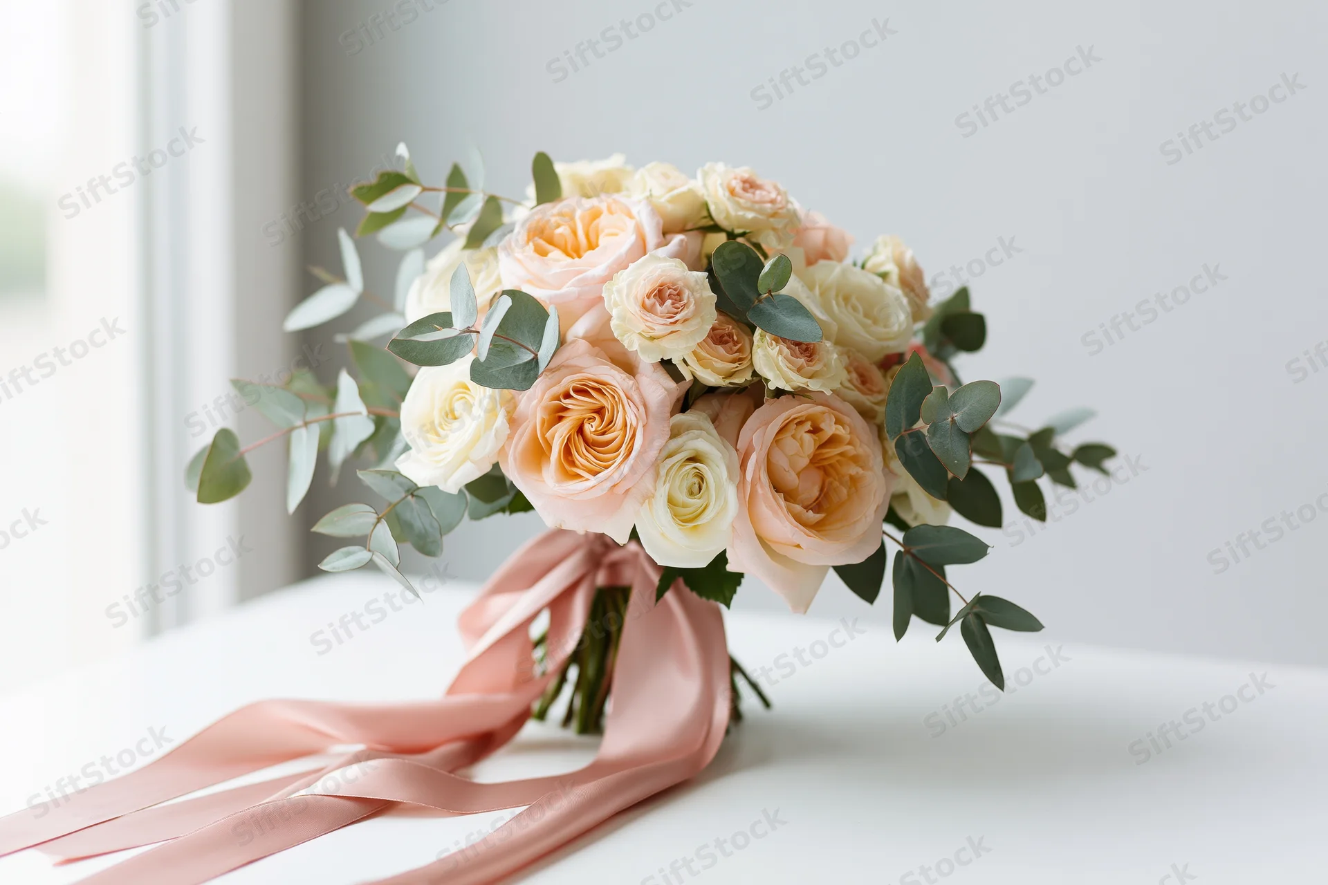 Bridal bouquet of peach and cream roses with eucalyptus and pink ribbon on white table