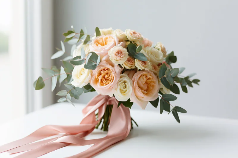 Bridal bouquet of peach and cream roses with eucalyptus and pink ribbon on white table