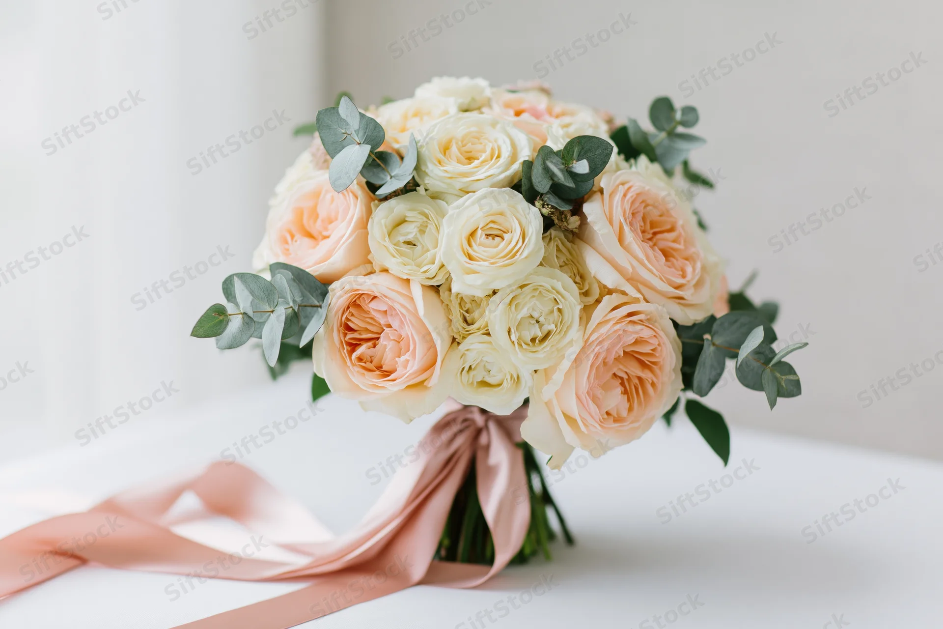 Bridal bouquet of peach and cream roses with eucalyptus and ribbon on white surface