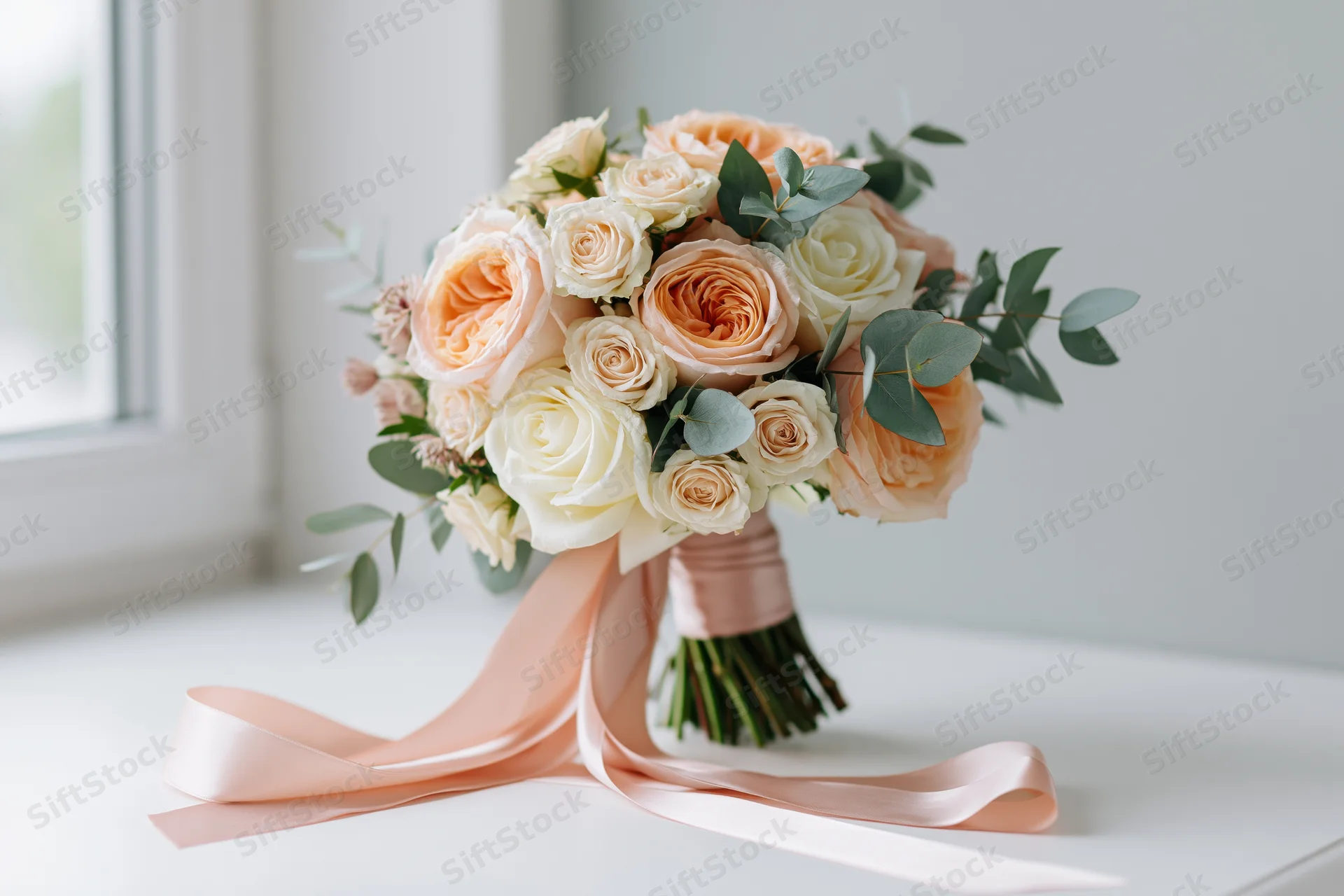Bridal bouquet of peach and cream roses with eucalyptus and satin ribbon on white table near window