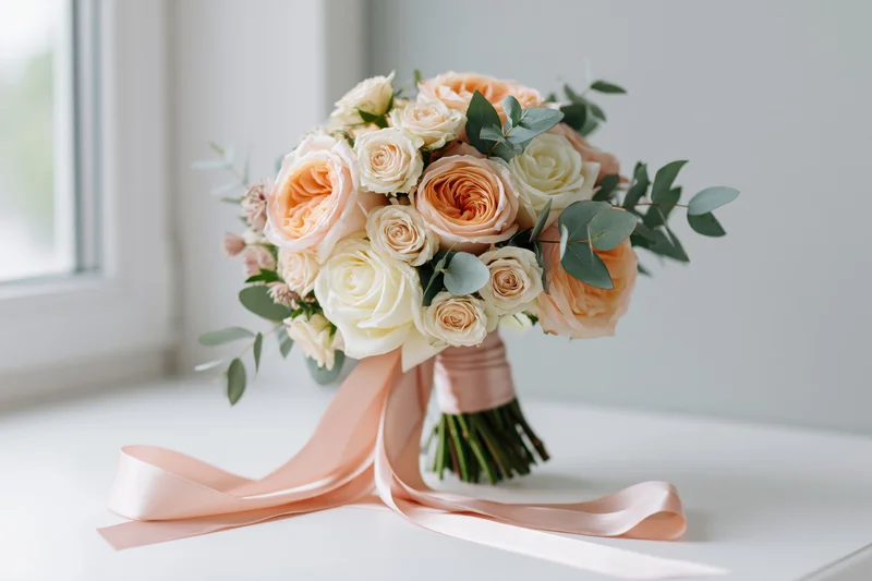 Bridal bouquet of peach and cream roses with eucalyptus and satin ribbon on white table near window