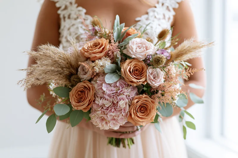 Bride holding a large floral bouquet with roses and pampas grass in front of her body