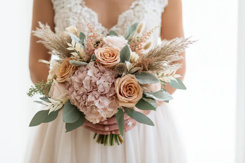 Bride holding a large floral bouquet in front of her body, wearing a lace wedding dress
