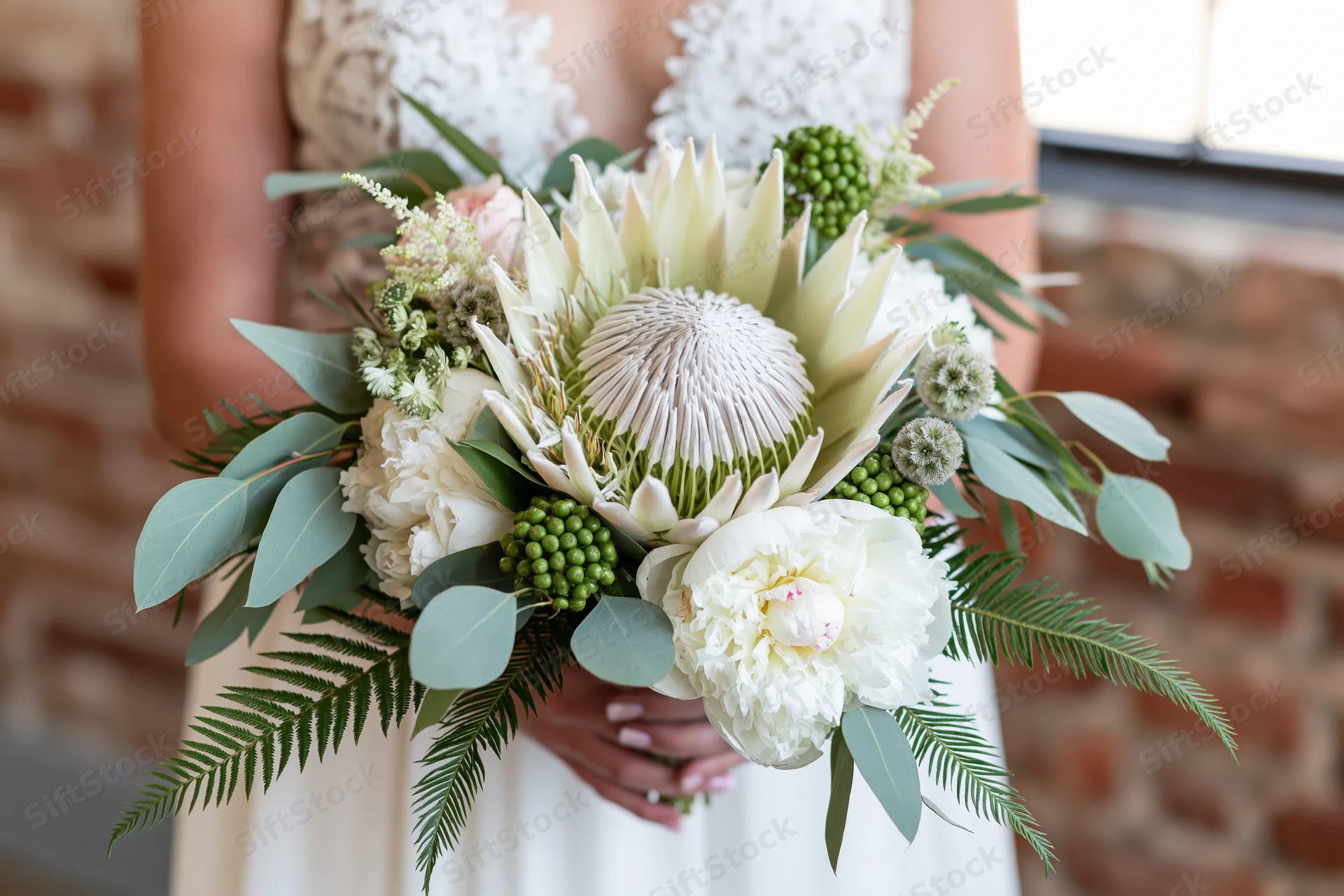 Bride holding a lush bridal bouquet with a large king protea in front of a brick wall