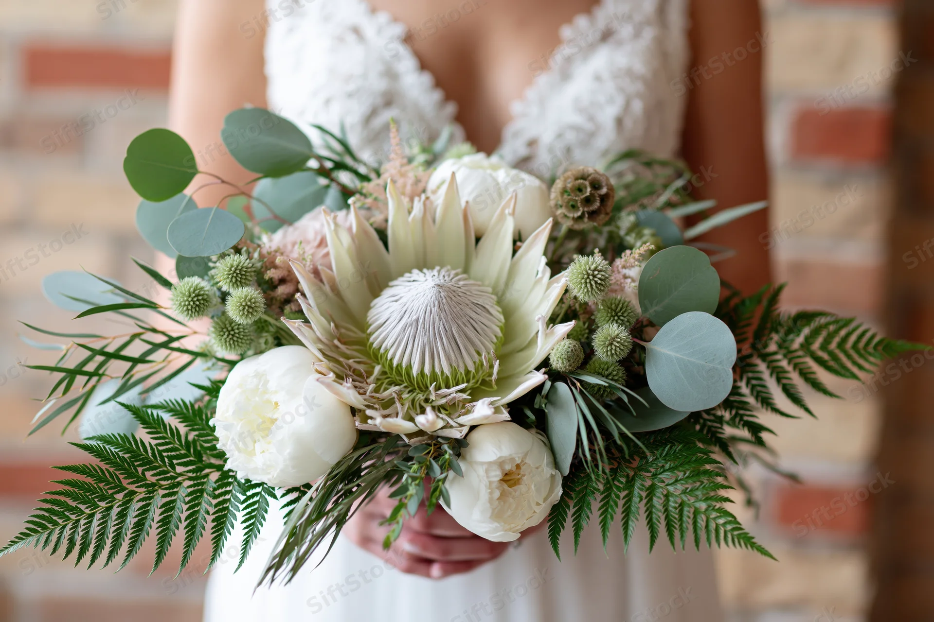 Bride holding a lush bridal bouquet with a large king protea in front of a brick wall