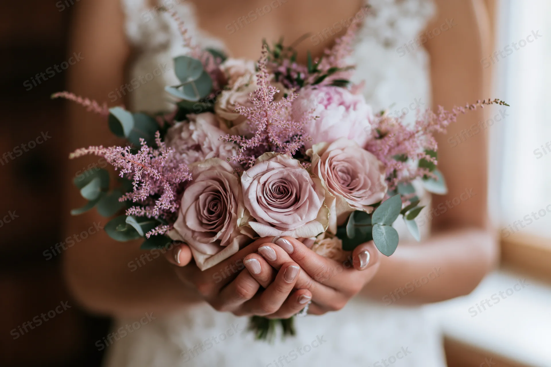Bride holding a bouquet of dusty mauve roses and blush peonies with eucalyptus and astilbe, wearing a white lace dress
