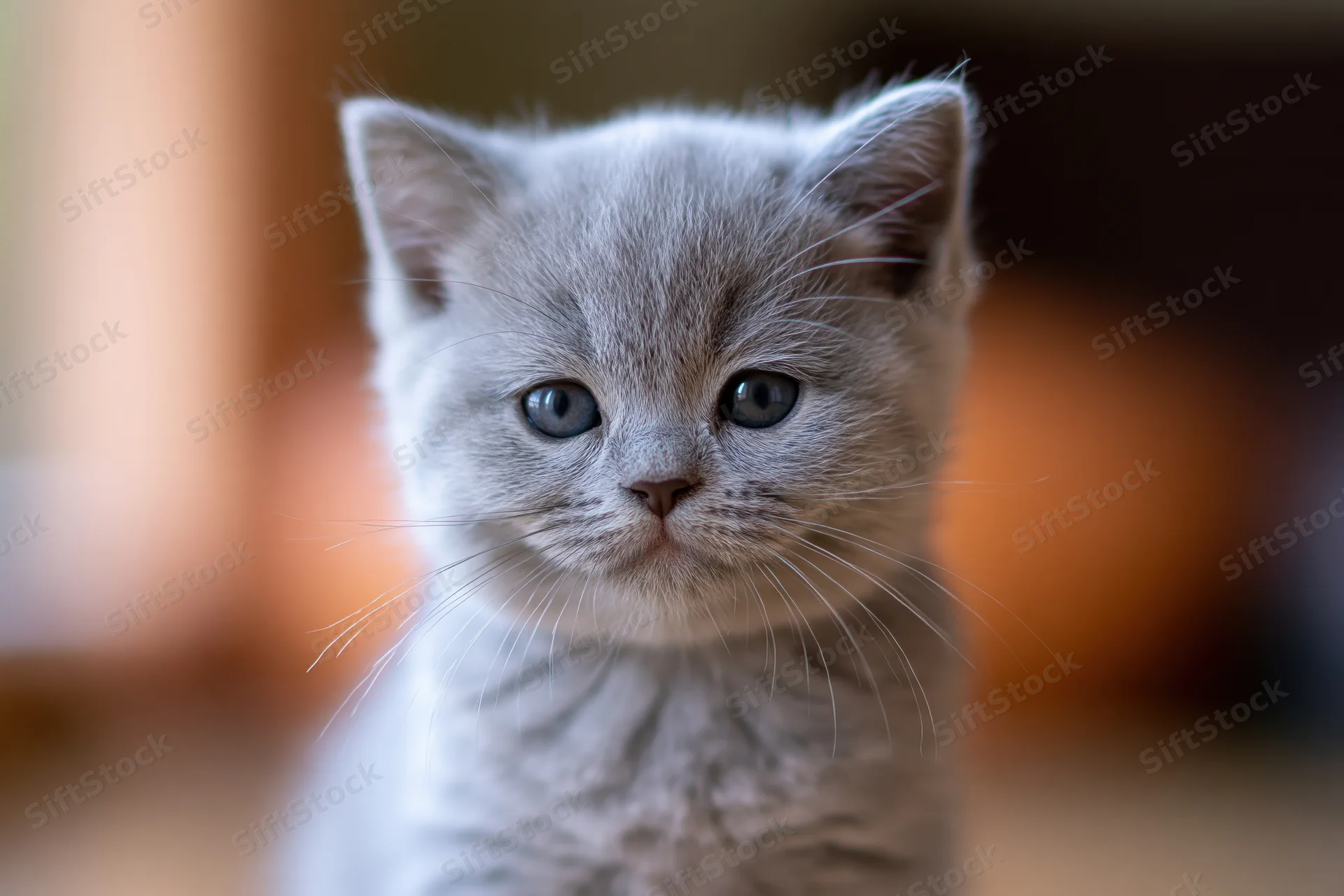 Britishshorthair kitten staring directly at camera in close-up portrait indoors