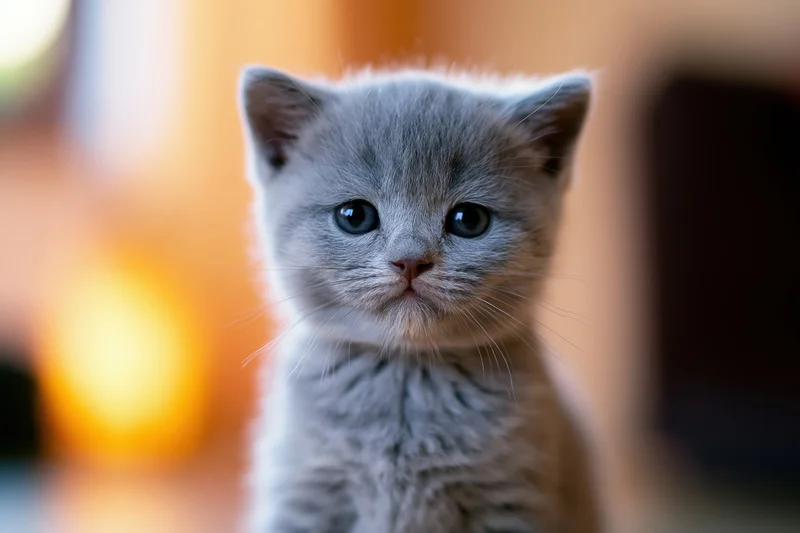 Gray british shorthair kitten staring directly at camera in close-up portrait indoors