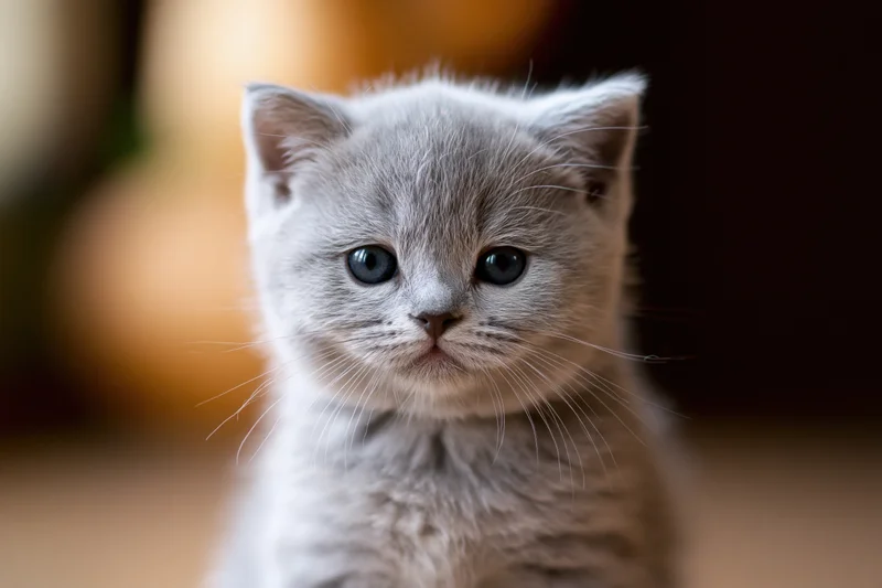 Gray britishshorthair kitten staring directly at camera in close-up portrait indoors