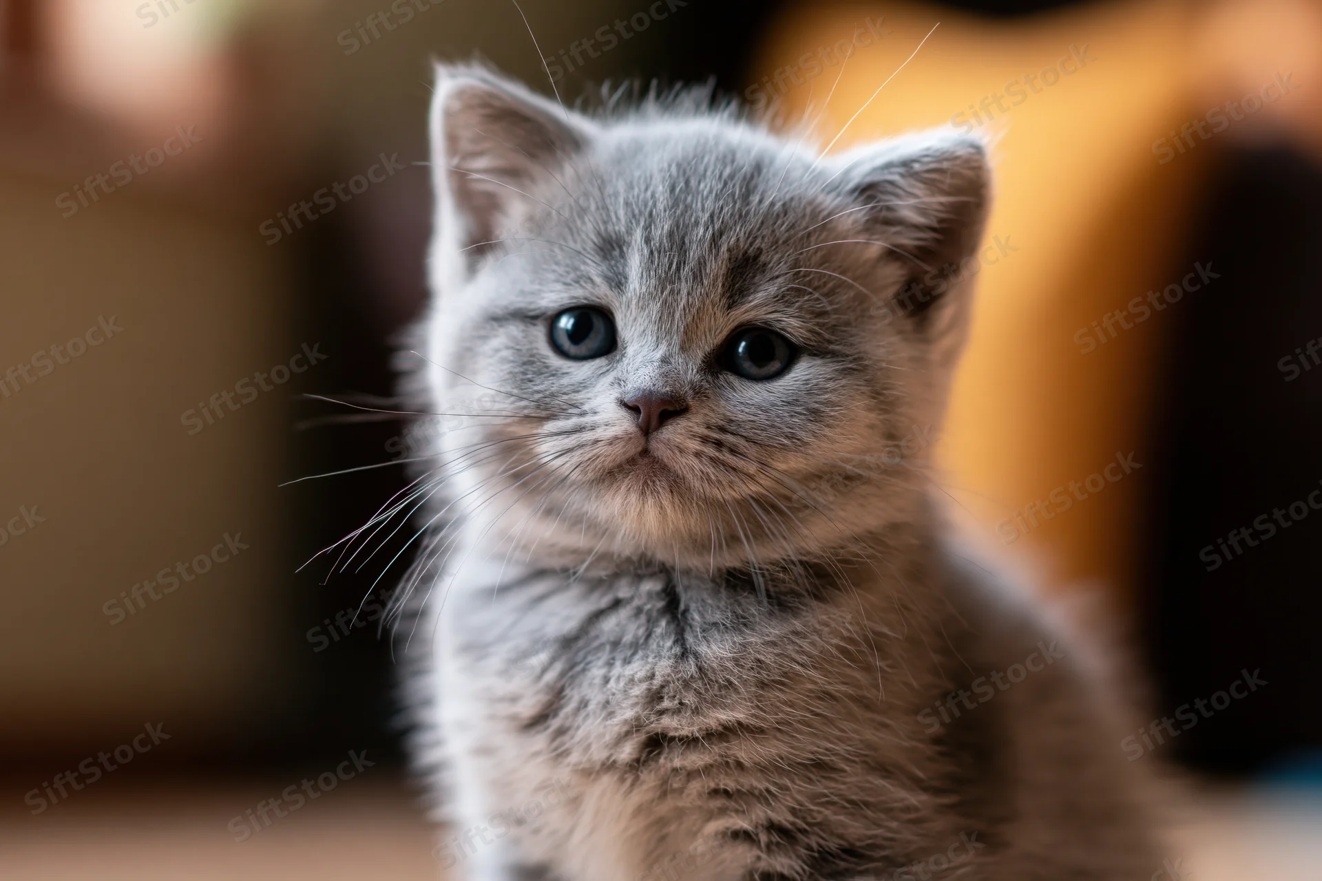 Gray british shorthair kitten staring directly at camera in close-up indoor portrait