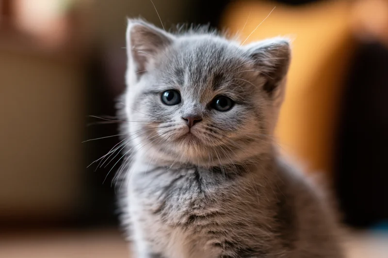 Gray british shorthair kitten staring directly at camera in close-up indoor portrait