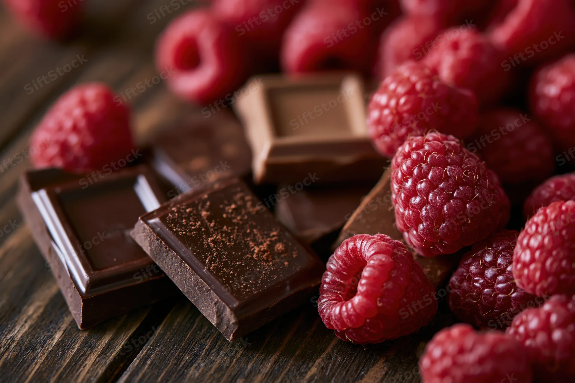 Dark and milk chocolate pieces scattered with fresh raspberries on a wooden surface