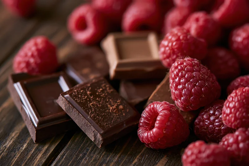 Broken dark and milk chocolate pieces scattered on dark wood