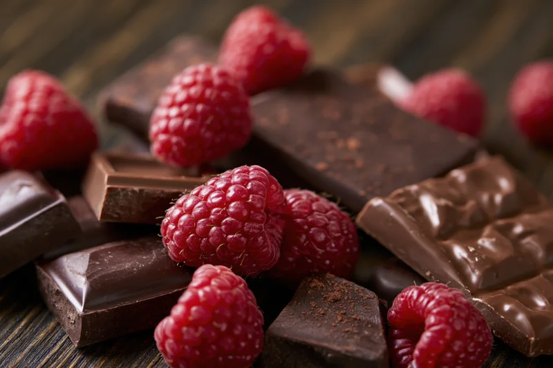 Broken dark and milk chocolate pieces with fresh raspberries on a dark wooden surface