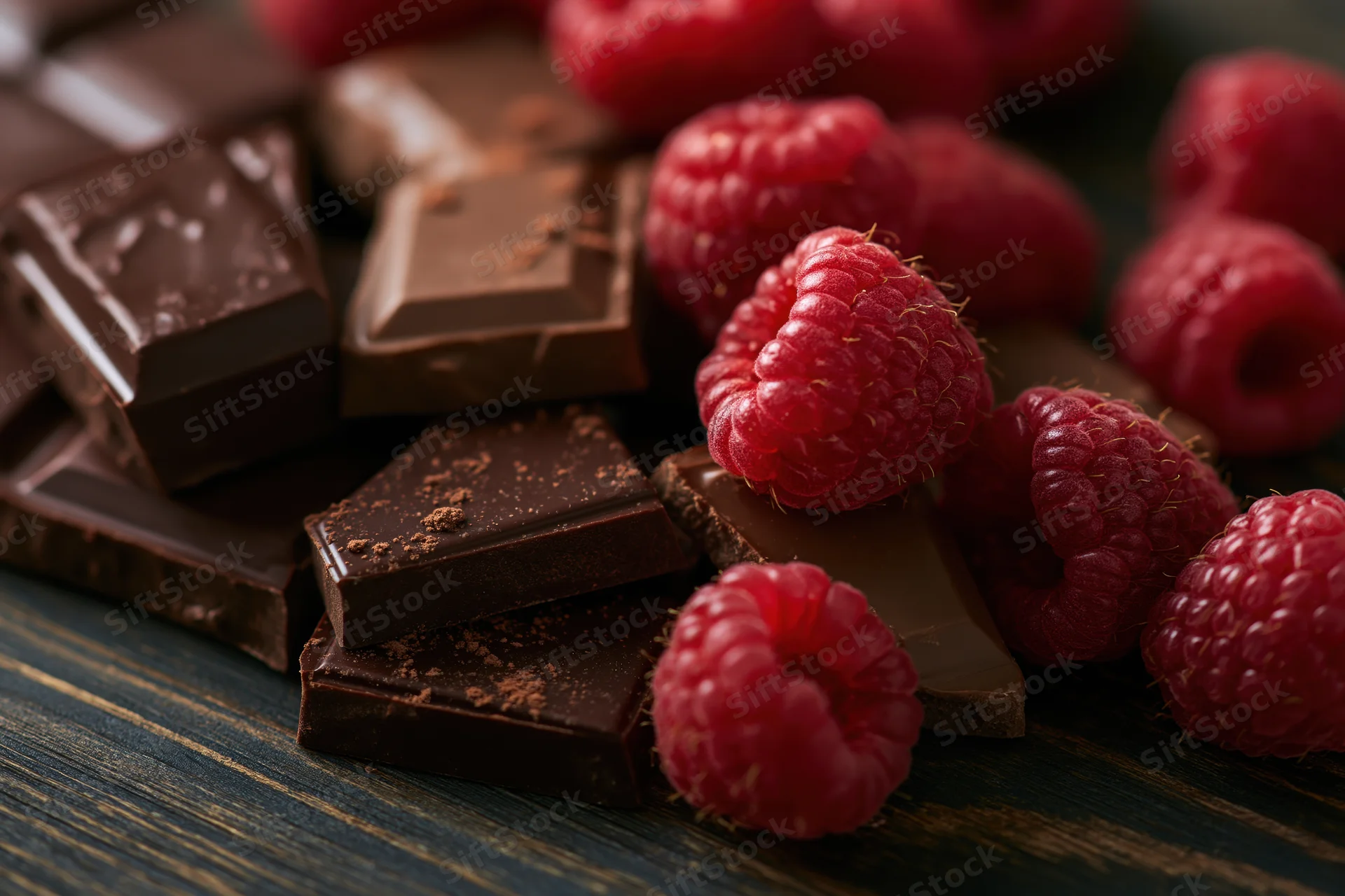 Broken dark and milk chocolate pieces with fresh raspberries on a dark wooden surface