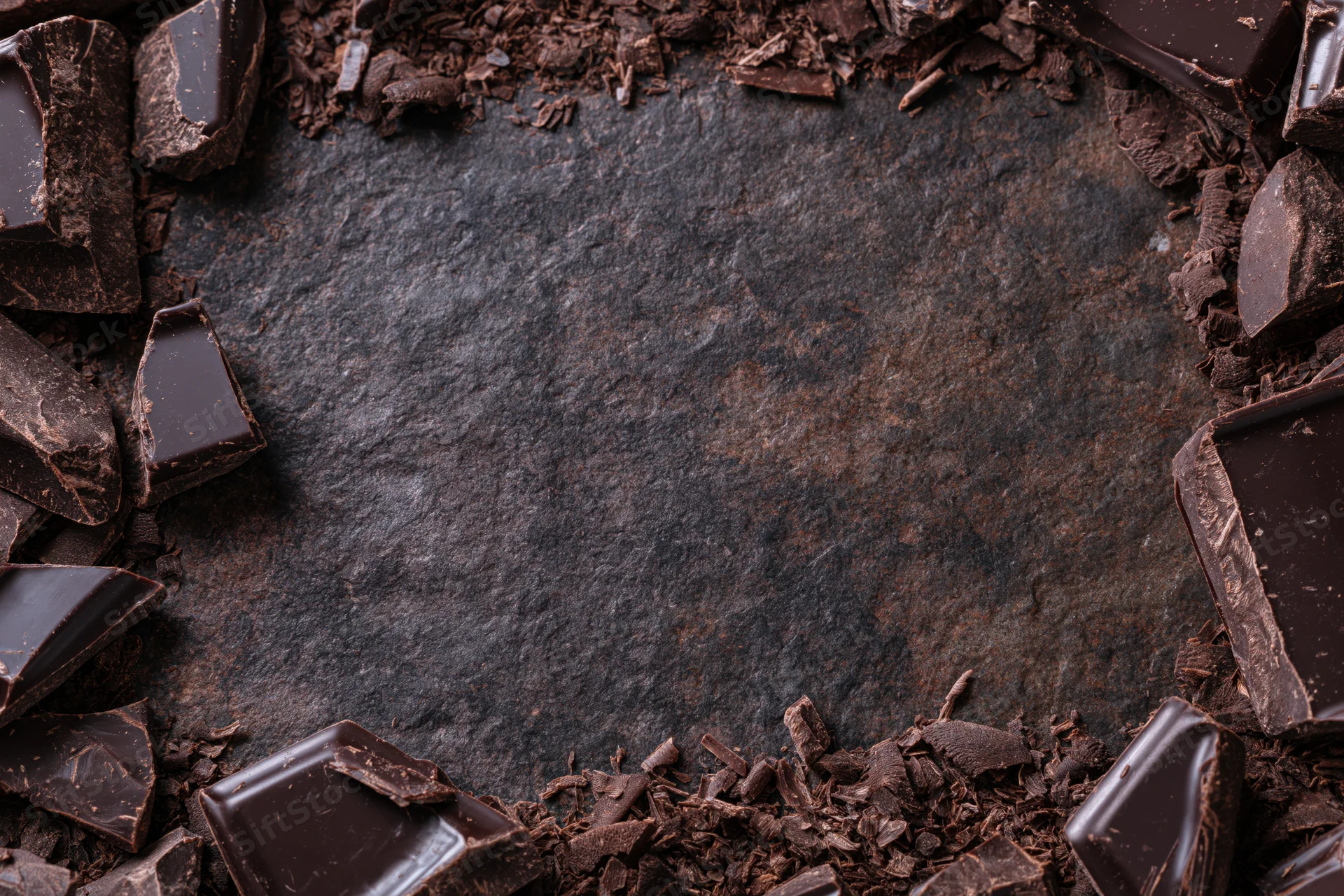 Broken dark chocolate chunks and shavings arranged in a frame around a dark textured surface with copyspace in center