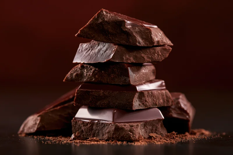 Broken dark chocolate chunks stacked into a rough tower on a dark surface