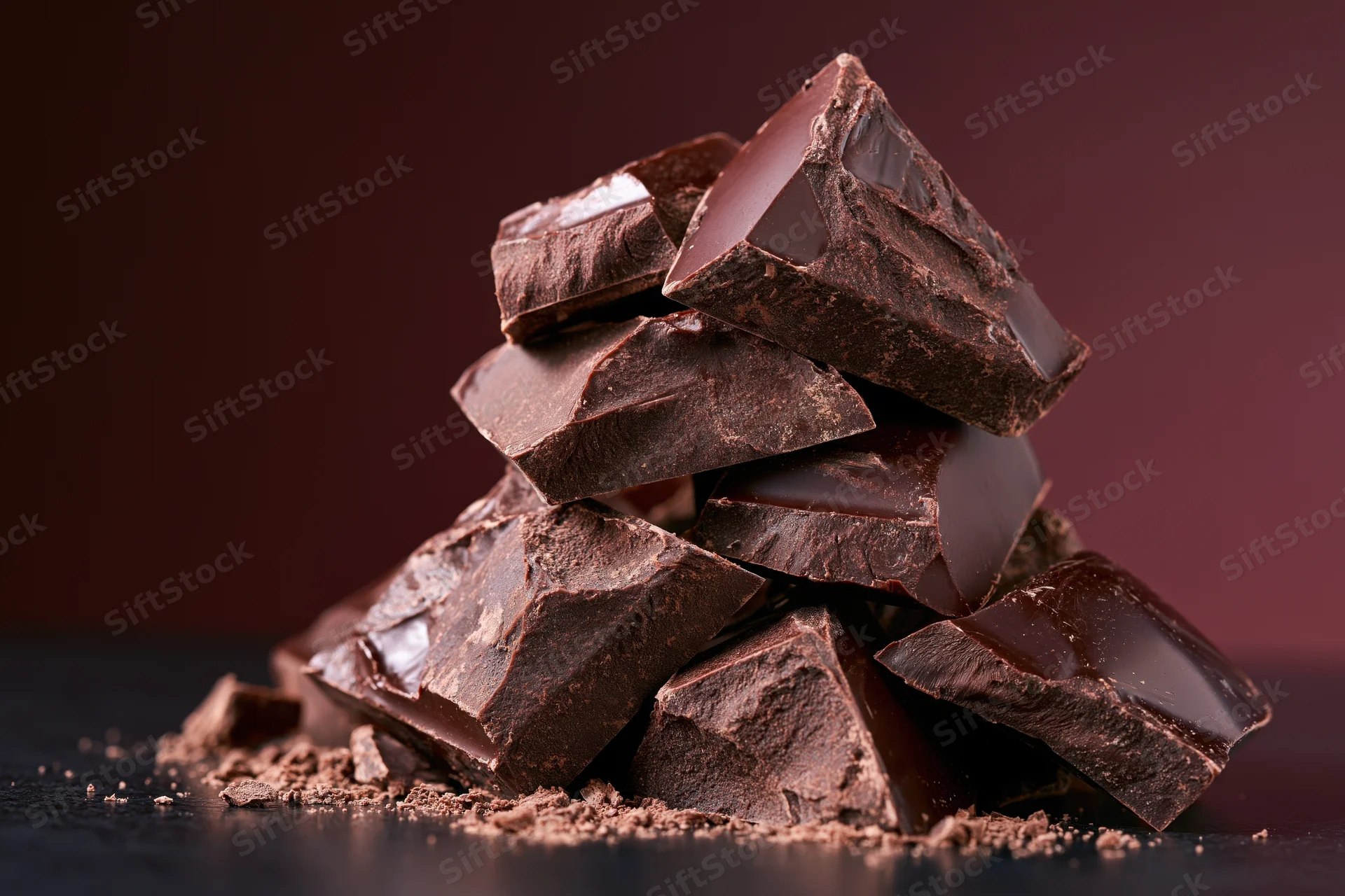 Broken dark chocolate chunks stacked into a rough tower on a dark surface
