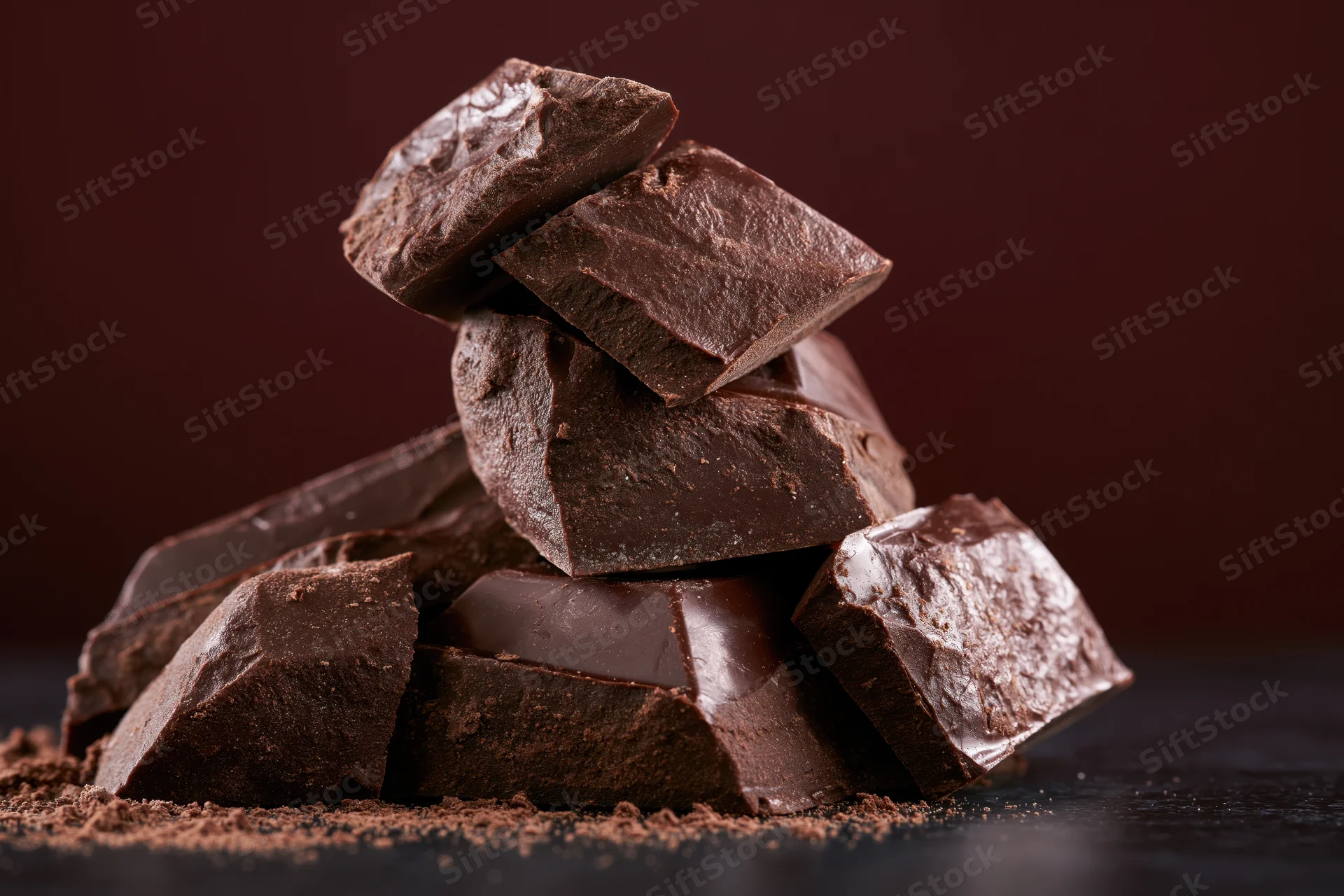 Broken dark chocolate chunks stacked into a rough tower closeup on dark surface with cocoa powder sprinkled around