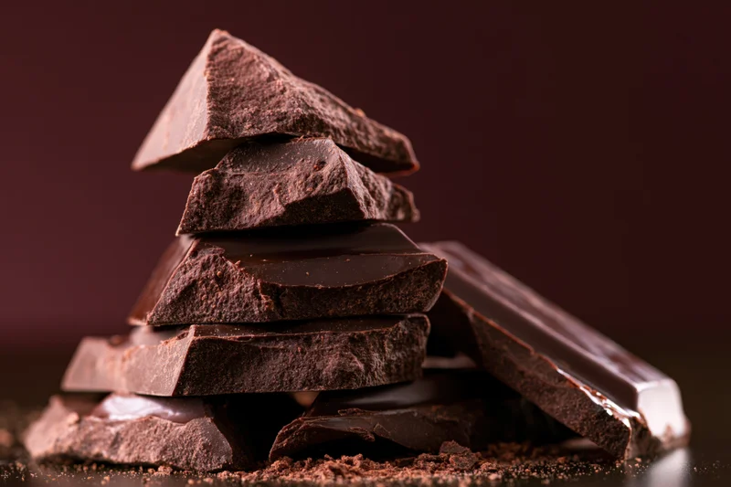 Broken dark chocolate chunks stacked into a rough tower closeup on dark surface