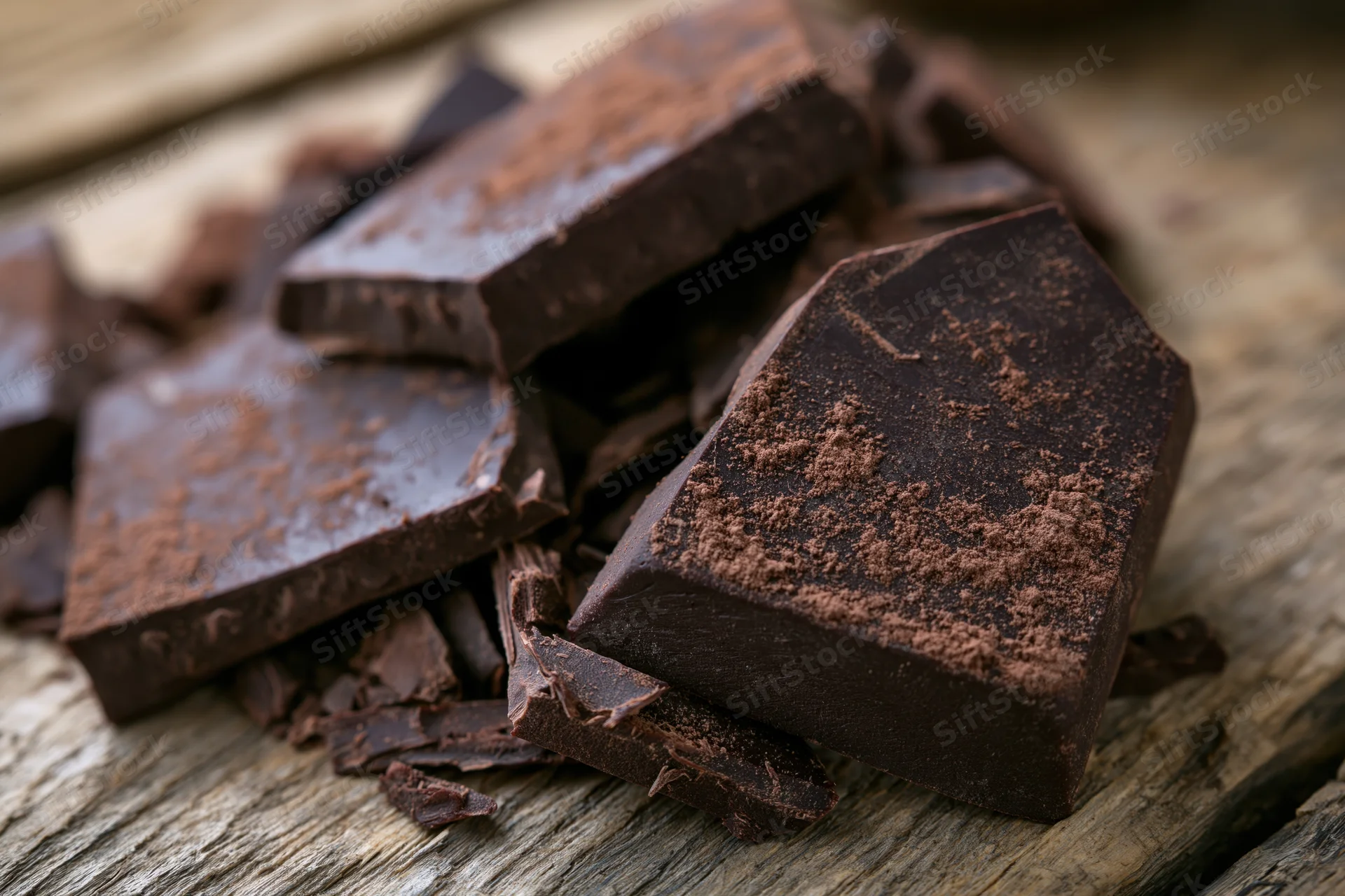 Broken dark chocolate pieces scattered on a rustic wooden surface