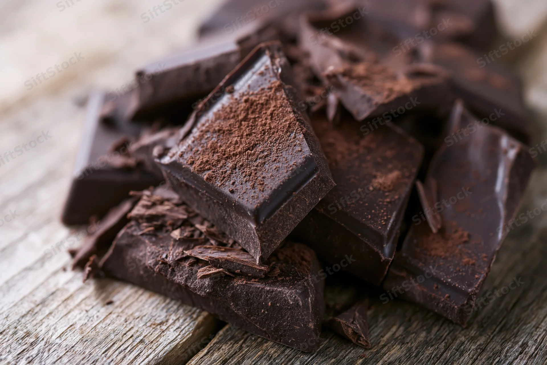 Broken dark chocolate pieces scattered on a rustic wooden surface