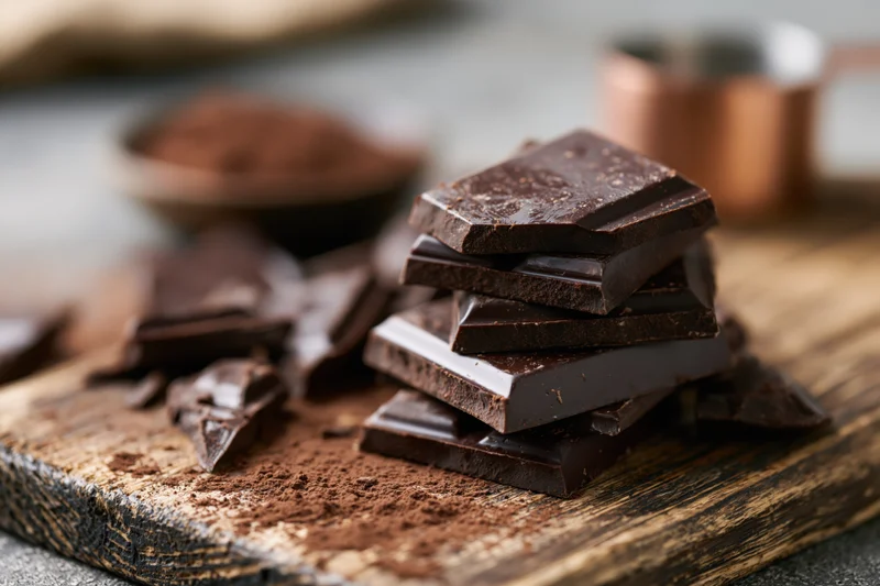 Broken dark chocolate pieces stacked and scattered on a worn wooden cutting board with cocoa powder