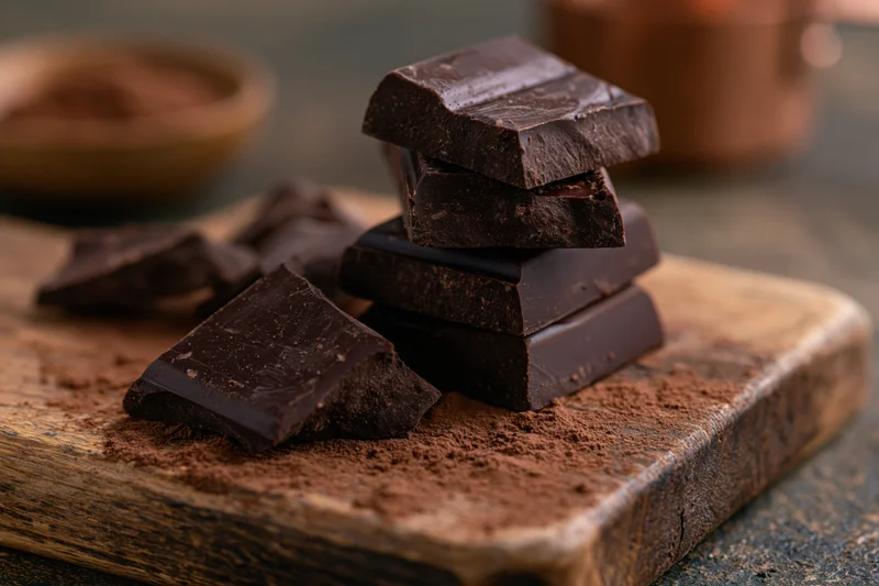 Broken dark chocolate pieces stacked and scattered on a worn wooden cutting board dusted with cocoa powder