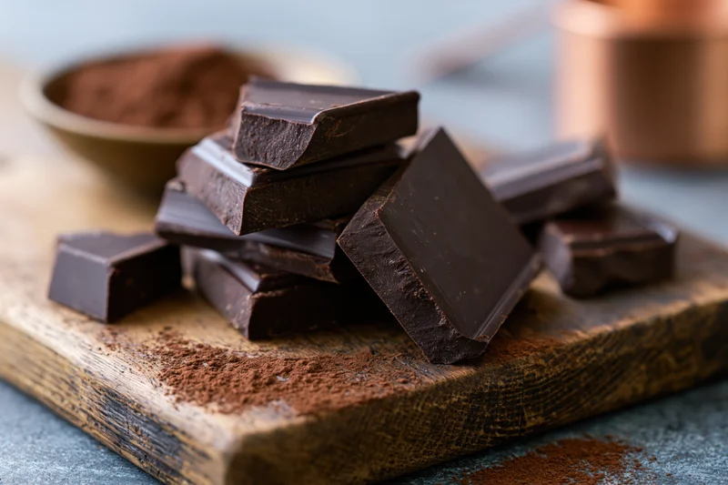 Broken dark chocolate pieces stacked and scattered on a worn wooden cutting board with cocoa powder and copper pot in background