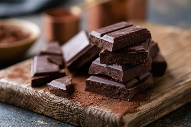 Broken dark chocolate pieces stacked and scattered on a worn wooden cutting board with cocoa powder