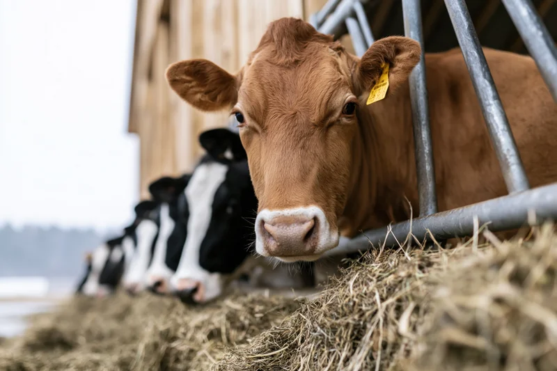 Brown dairy cow with yellow ear tag looking directly at camera while feeding on hay in a barn with other cows in line behind it