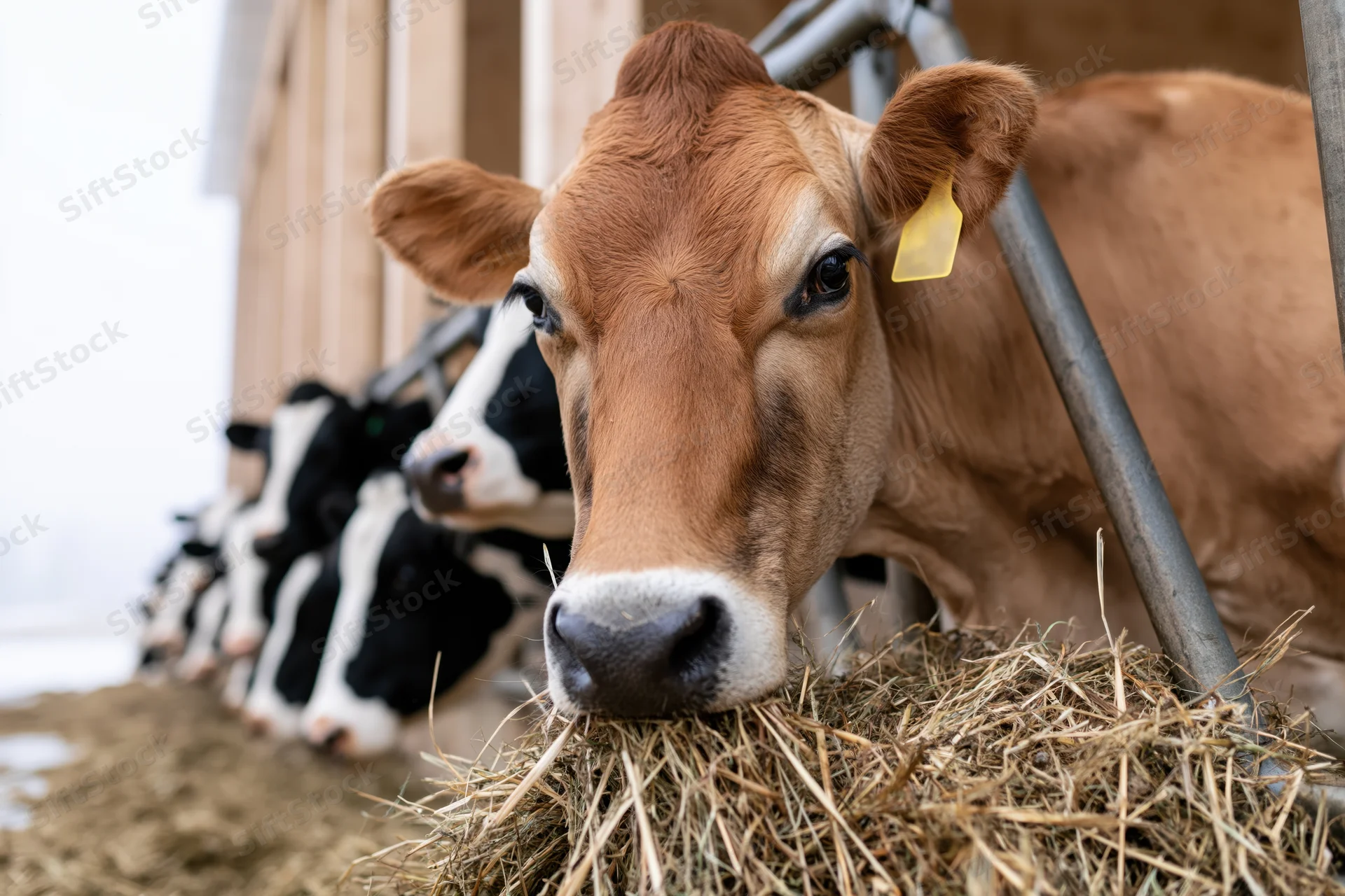 Brown dairy cow eating hay in a barn with other cows behind