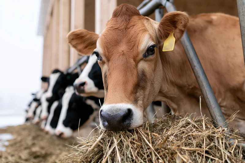 Brown dairy cow eating hay in a barn with other cows behind