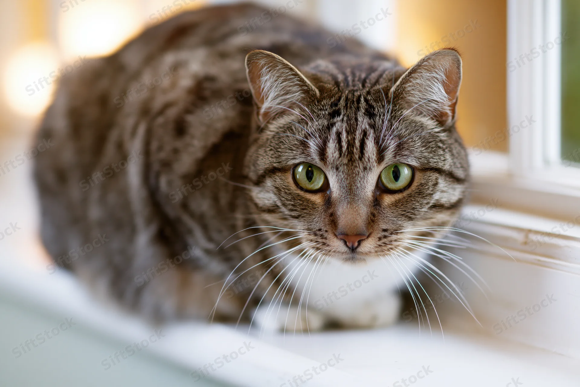 Brown tabby cat crouched low on white window ledge looking forward