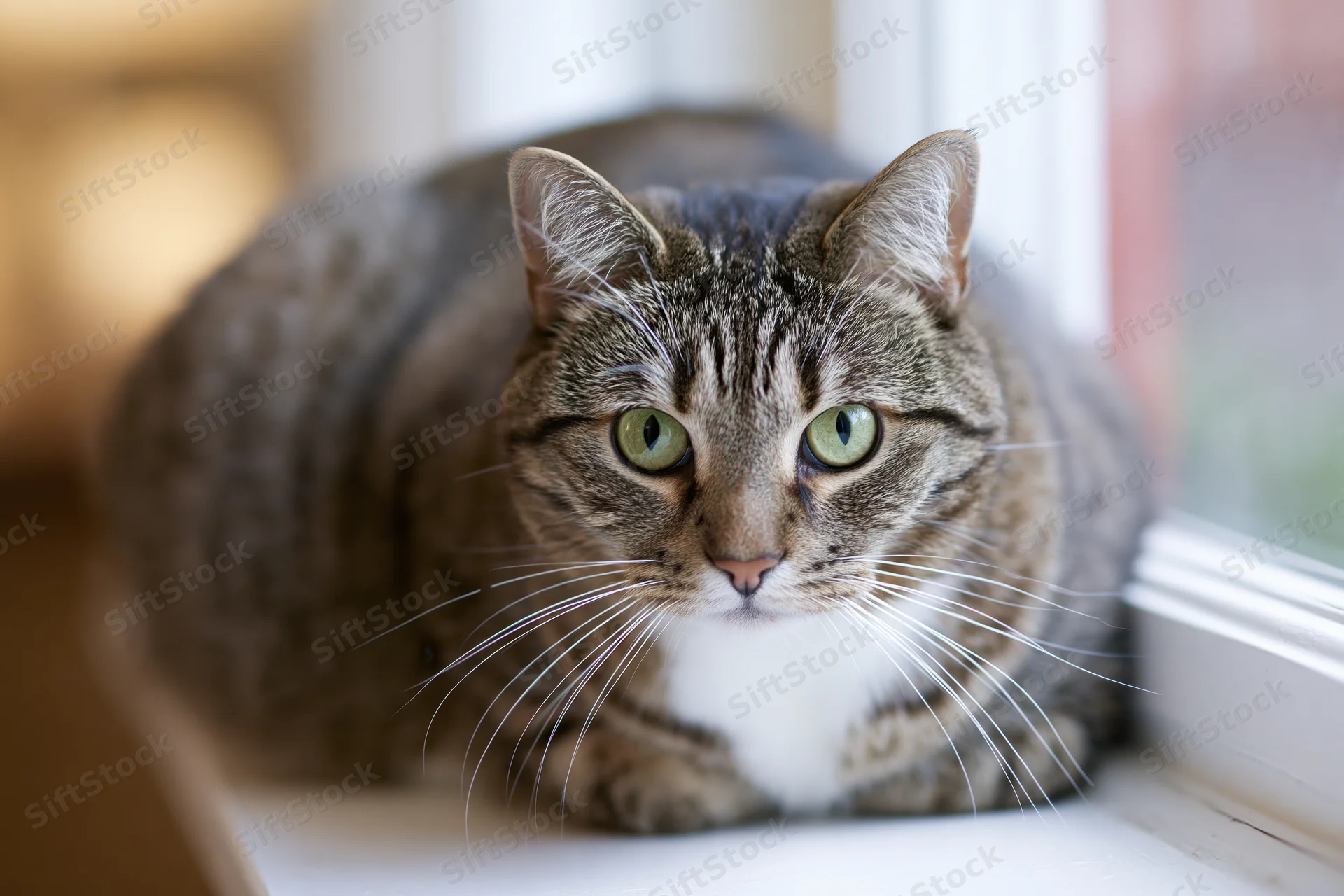 Tabby cat crouched low on a white window ledge indoors