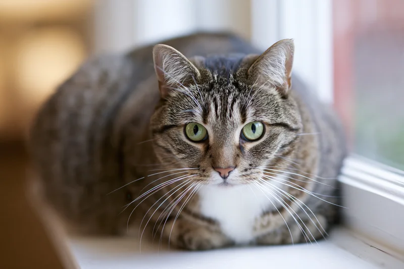 Tabby cat crouched low on a white window ledge indoors