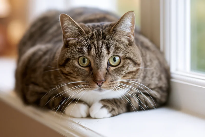 Brown tabby cat crouched on white window ledge indoors