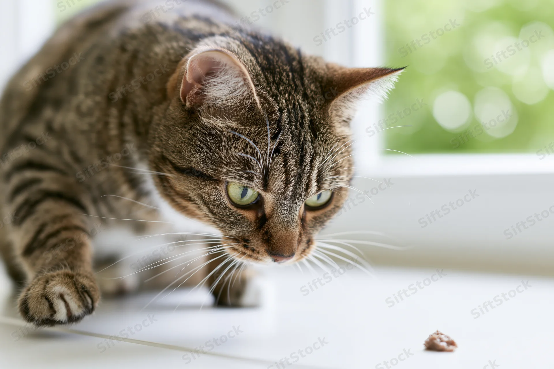 Brown tabby cat crouching low on white table focused on small treat near window