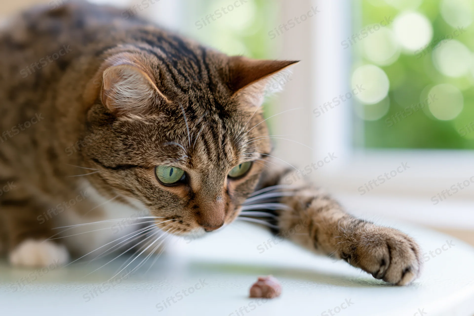 Brown tabby cat crouching low on white table with paw extended toward small treat