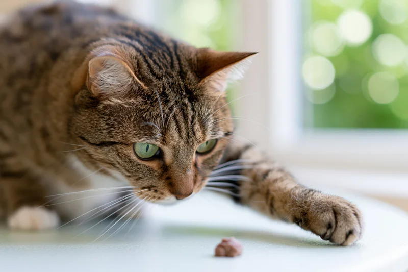 Brown tabby cat crouching low on white table with paw extended toward small treat